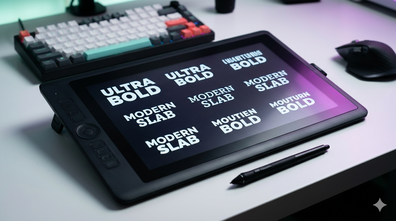 Grid of bold stylish fonts over colorful YouTube thumbnail mockups