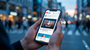 Smartphone displaying YouTube thumbnail download page in hand