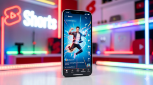 Vertical phone screen with YouTube Shorts interface and thumbnail frames