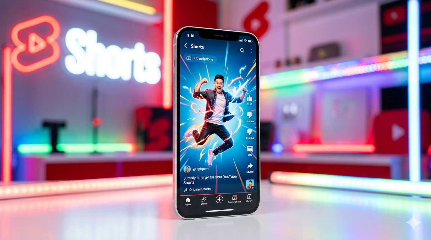 Vertical phone screen with YouTube Shorts interface and thumbnail frames