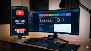 Desk setup with creator tools dashboard, analytics screen, and YouTube branding elements