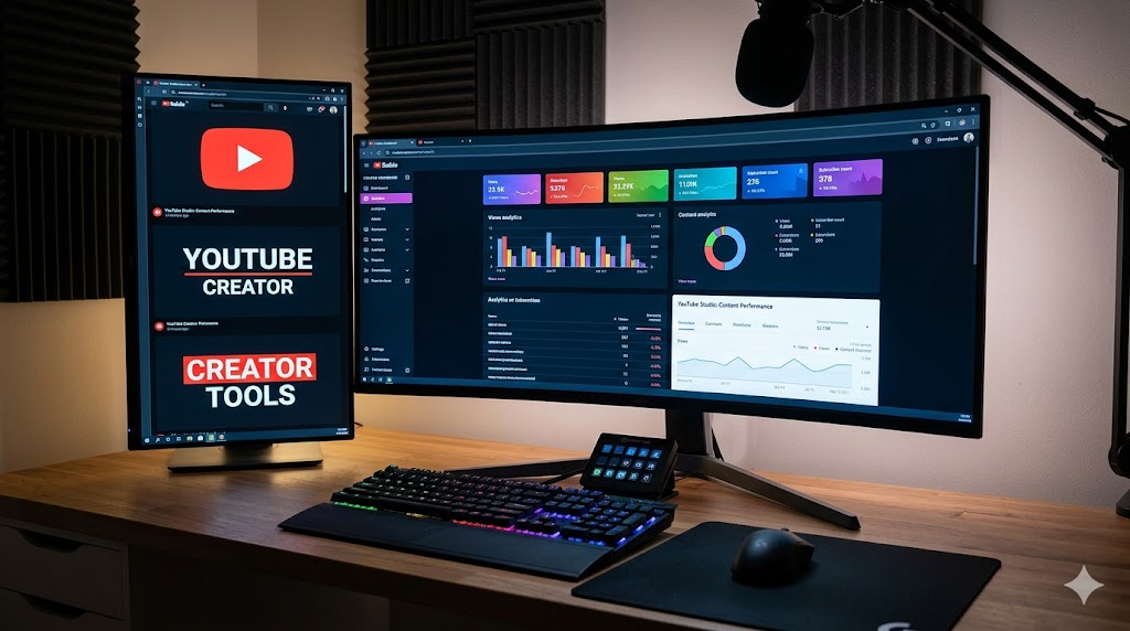 Desk setup with creator tools dashboard, analytics screen, and YouTube branding elements