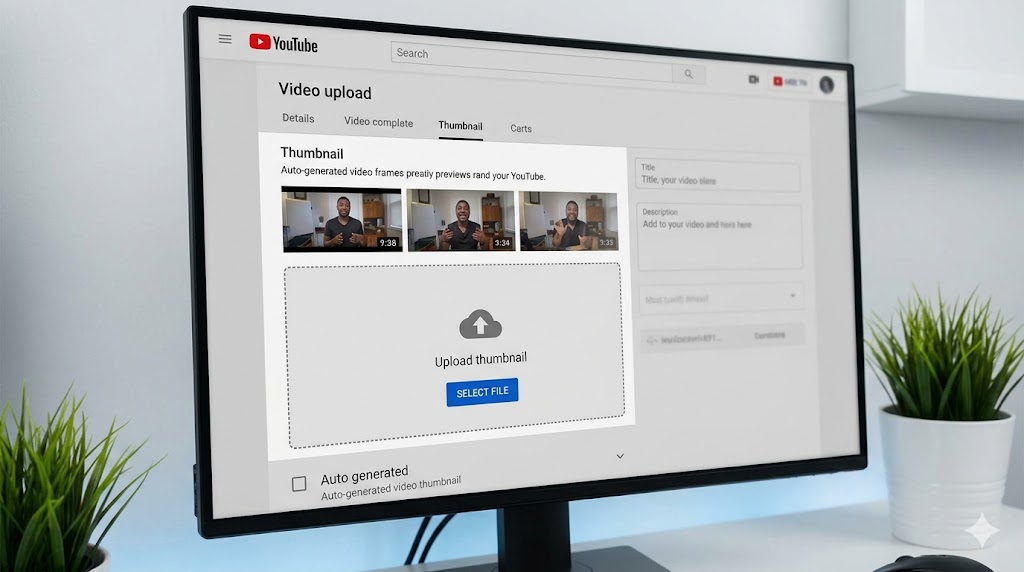 YouTube upload screen showing custom thumbnail selection panel