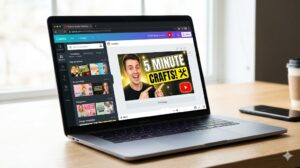 Laptop displaying Canva editor creating a YouTube thumbnail