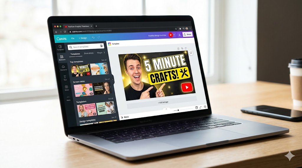 Laptop displaying Canva editor creating a YouTube thumbnail