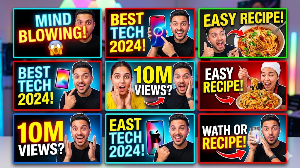 Collection of eye-catching YouTube thumbnail examples in a colorful grid