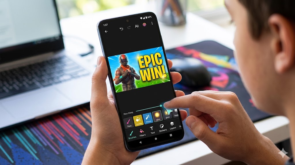 Android phone editing a YouTube thumbnail with design app tools