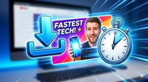 Fast download icon over YouTube thumbnail preview and stopwatch