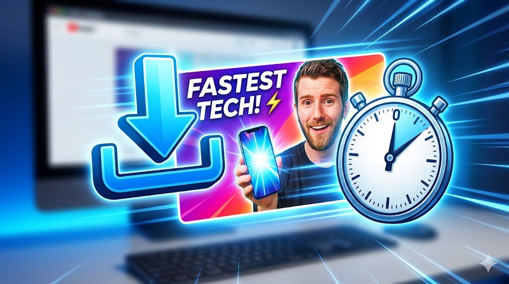 Fast download icon over YouTube thumbnail preview and stopwatch
