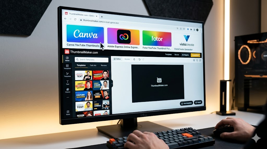 Browser tabs comparing multiple online thumbnail generator tools for YouTube