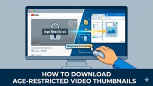 Age-restricted YouTube video thumbnail with warning icon and download arrow