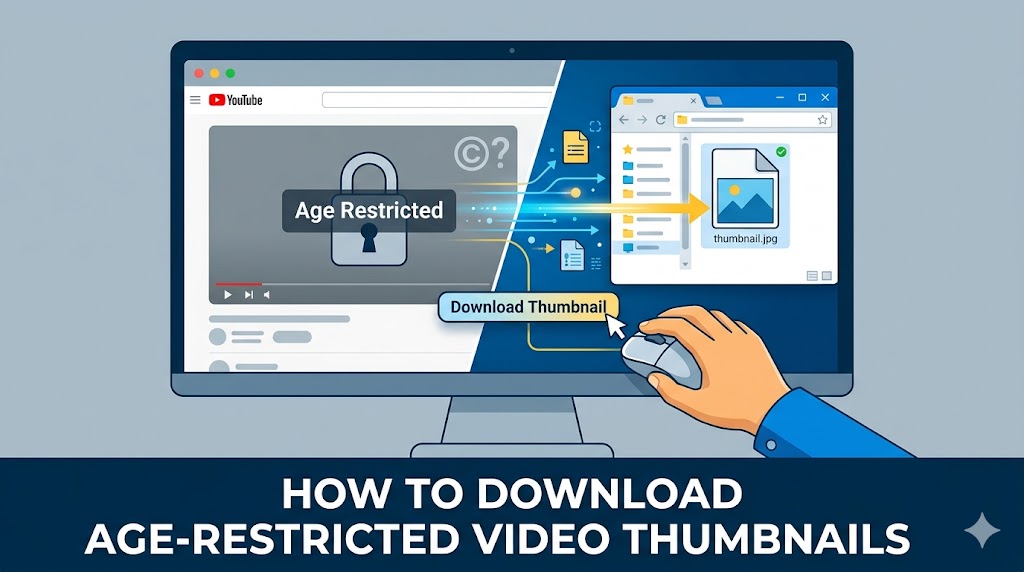 Age-restricted YouTube video thumbnail with warning icon and download arrow