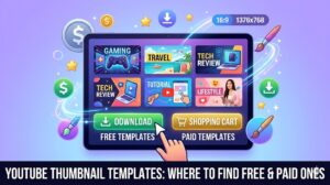 Collection of free and premium YouTube thumbnail templates on laptop screen