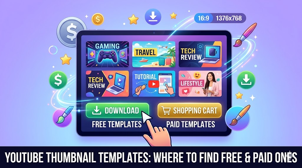 Collection of free and premium YouTube thumbnail templates on laptop screen