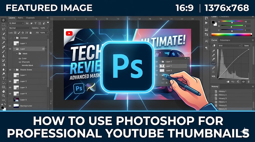 Adobe Photoshop workspace creating polished YouTube thumbnail