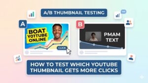 Split-screen YouTube thumbnails with analytics click-through chart