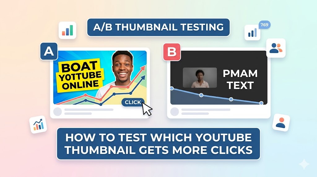 Split-screen YouTube thumbnails with analytics click-through chart