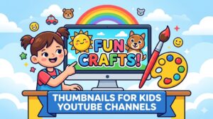 Bright cartoon-style YouTube thumbnail for kids channel with playful icons