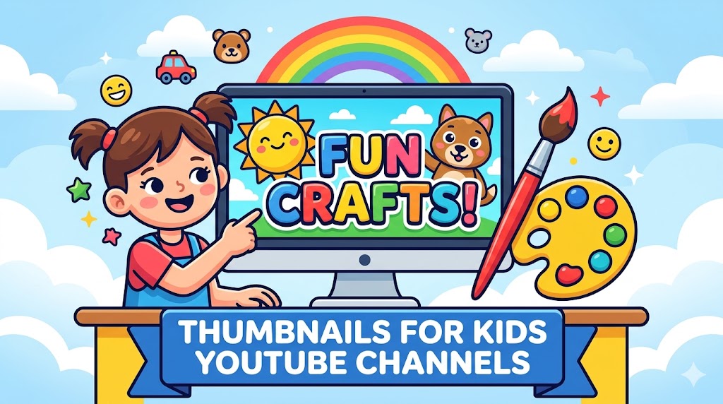 Bright cartoon-style YouTube thumbnail for kids channel with playful icons