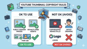 Copyright symbol over YouTube thumbnails and legal document