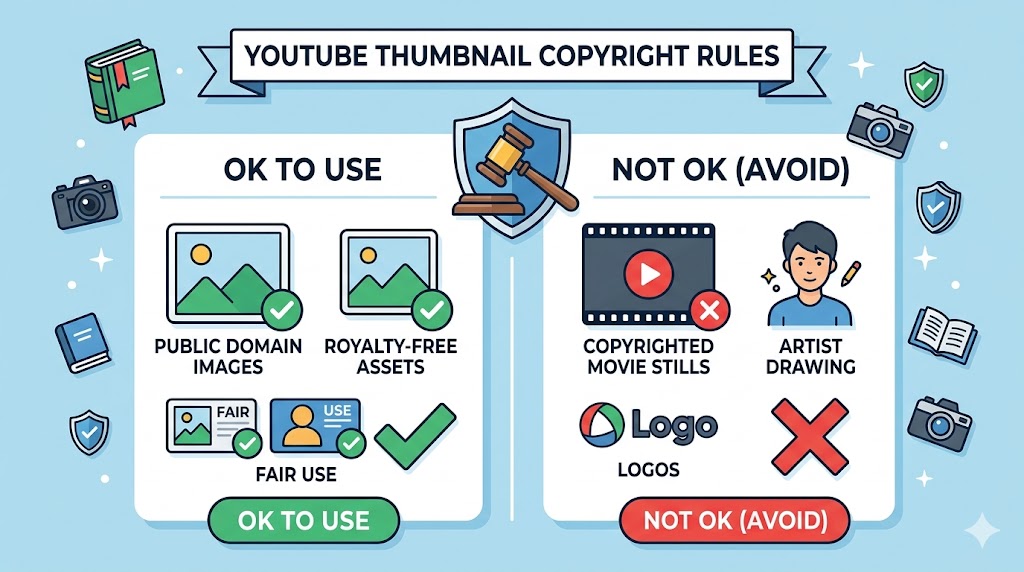 Copyright symbol over YouTube thumbnails and legal document