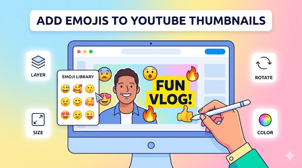 Emoji icons being added to colorful YouTube thumbnail