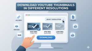 Multiple YouTube thumbnail sizes labeled HD, SD, 4K