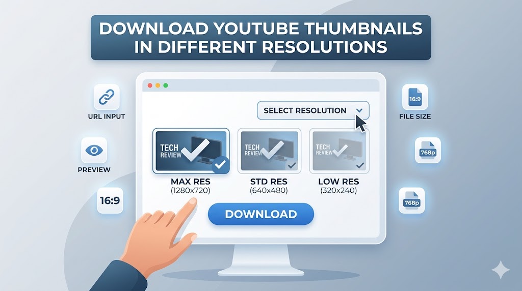 Multiple YouTube thumbnail sizes labeled HD, SD, 4K